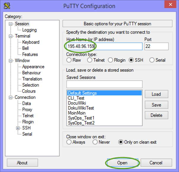 PuTTY configuration
