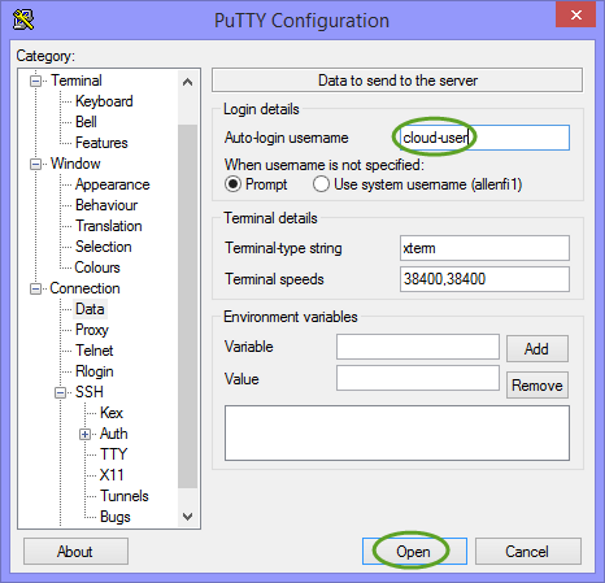 PuTTY configuration Connection Data