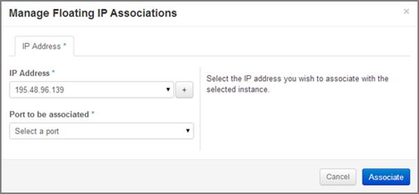 Manage Floating IP Associations – select a floating IP