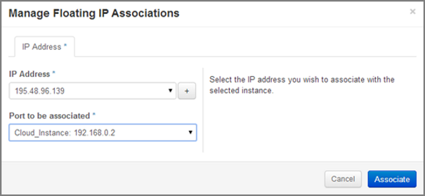 Manage Floating IP Association – select a port (instance)