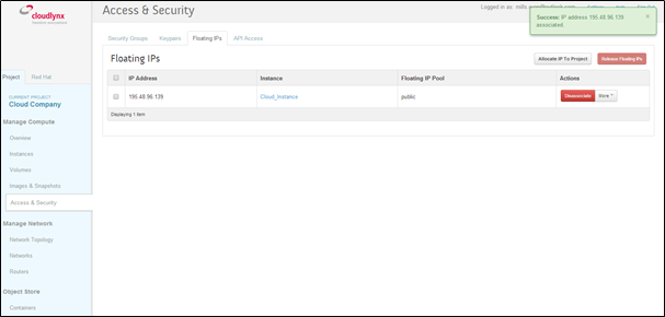Access & Security – successfully associated floating IP to an instance